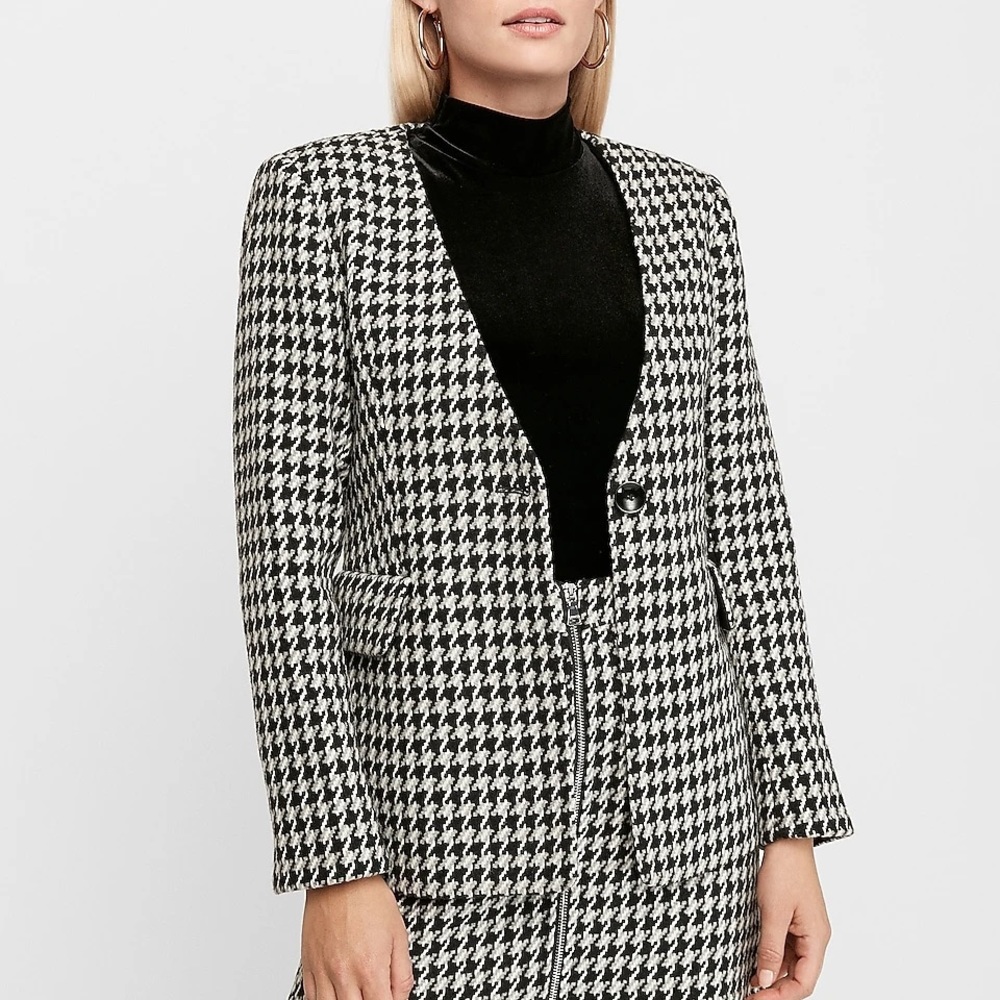 NWT Express Houndstooth Collarless One-Button Black and White Blazer Jacket